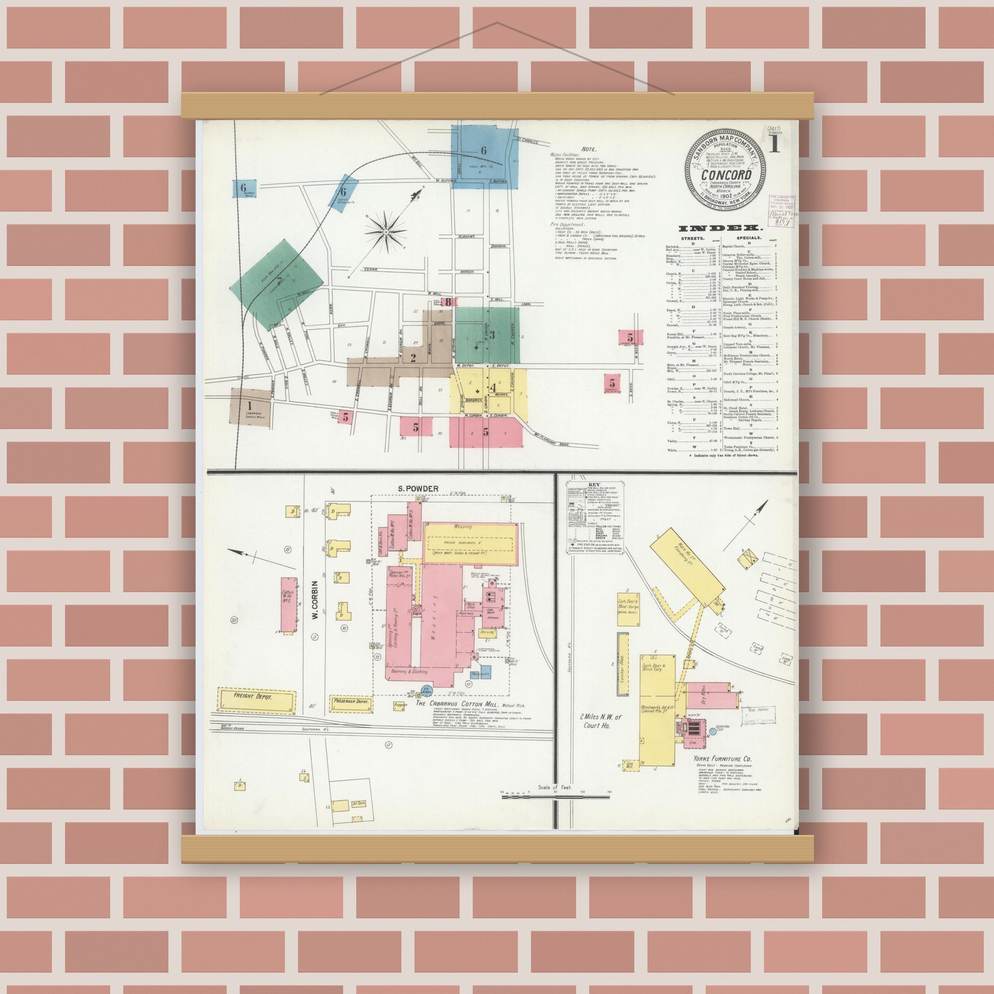 Old map wall art mockup — magnetic wood frame on brick wall — Sanborn Fire Insurance Map from Concord, Cabarrus County, North Carolina (1902) - Complete Map Set