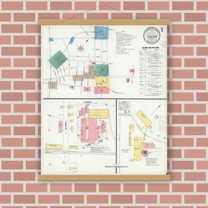 Old map wall art mockup — magnetic wood frame on brick wall — Sanborn Fire Insurance Map from Concord, Cabarrus County, North Carolina (1902) - Complete Map Set