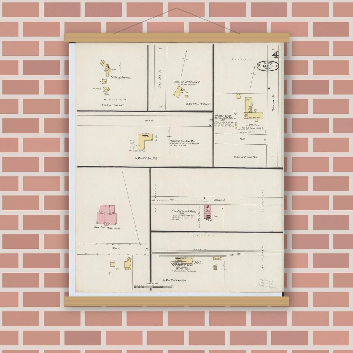 Old map wall art mockup — magnetic wood frame on brick wall — Sanborn Fire Insurance Map from Plain City, Madison And Union Counties, Ohio (1895), Sheet #0004