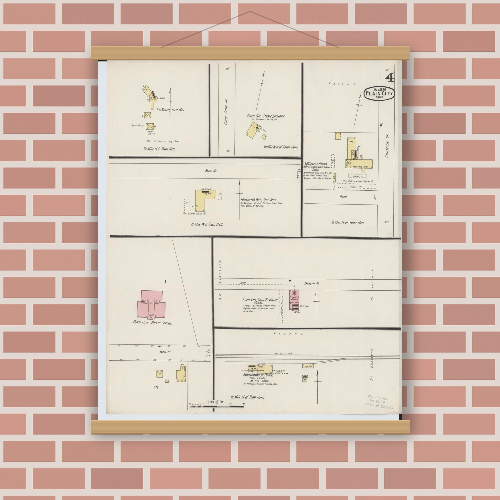 Old map wall art mockup — magnetic wood frame on brick wall — Sanborn Fire Insurance Map from Plain City, Madison And Union Counties, Ohio (1895), Sheet #0004