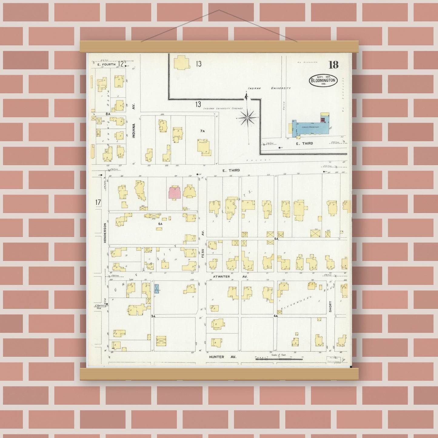 Old map wall art mockup — magnetic wood frame on brick wall — Sanborn Fire Insurance Map from Bloomington, Monroe County, Indiana (1907), Sheet #0018