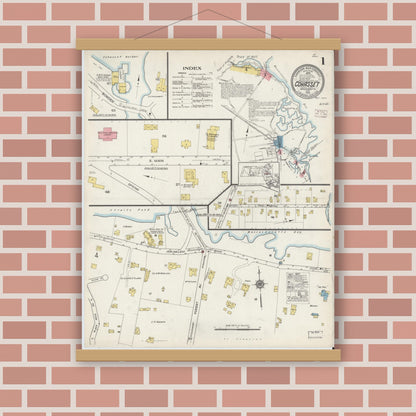 Old map wall art mockup — magnetic wood frame on brick wall — Sanborn Fire Insurance Map from Cohasset, Norfolk County, Massachusetts (1915), Sheet #0001