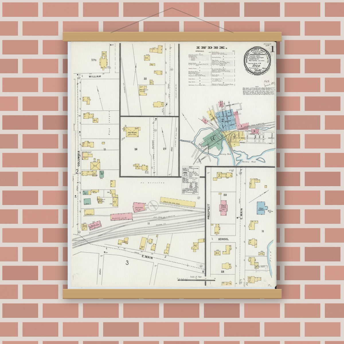 Old map wall art mockup — magnetic wood frame on brick wall — Sanborn Fire Insurance Map from Ayer, Middlesex County, Massachusetts (1897) - Complete Map Set