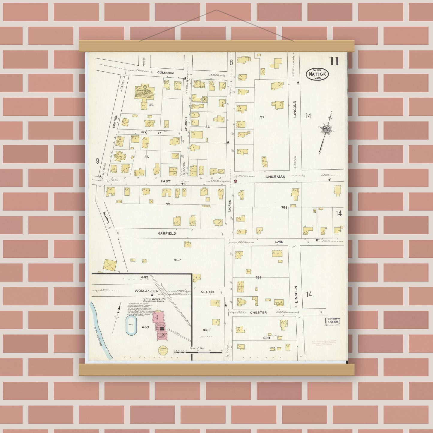 Old map wall art mockup — magnetic wood frame on brick wall — Sanborn Fire Insurance Map from Natick, Middlesex County, Massachusetts (1915), Sheet #0011