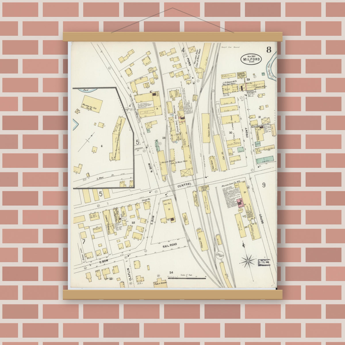Old map wall art mockup — magnetic wood frame on brick wall — Sanborn Fire Insurance Map from Milford, Worcester County, Massachusetts (1897), Sheet #0008