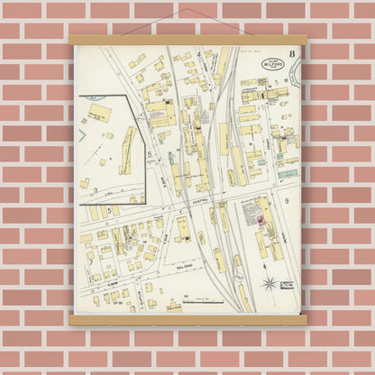 Old map wall art mockup — magnetic wood frame on brick wall — Sanborn Fire Insurance Map from Milford, Worcester County, Massachusetts (1897), Sheet #0008
