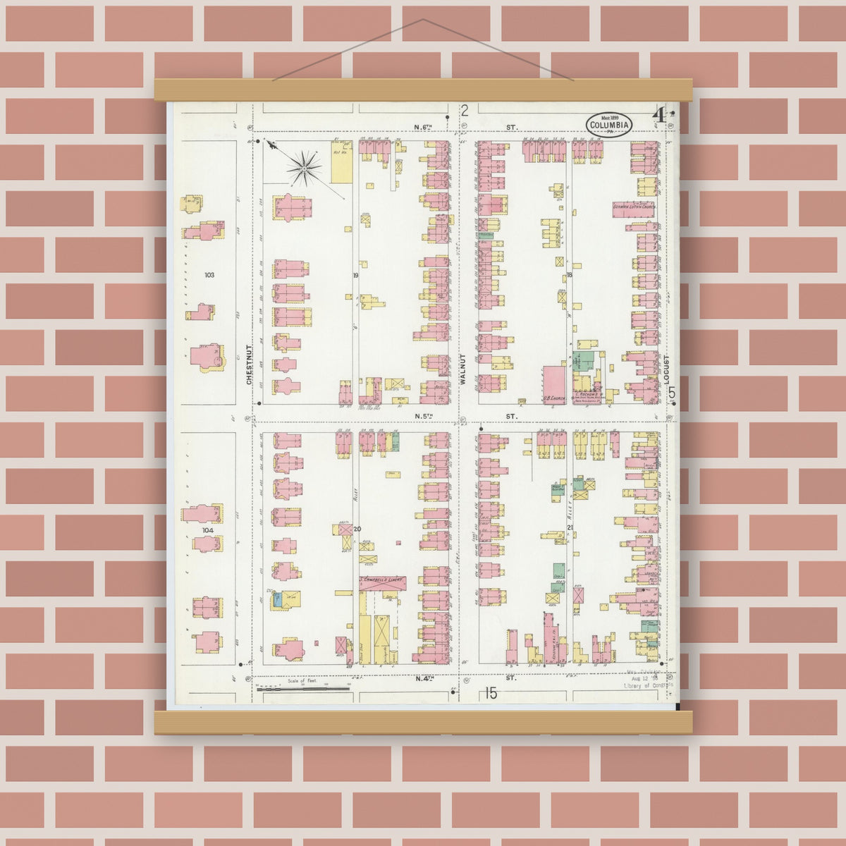 Old map wall art mockup — magnetic wood frame on brick wall — Sanborn Fire Insurance Map from Columbia, Lancaster County, Pennsylvania (1899), Sheet #0004