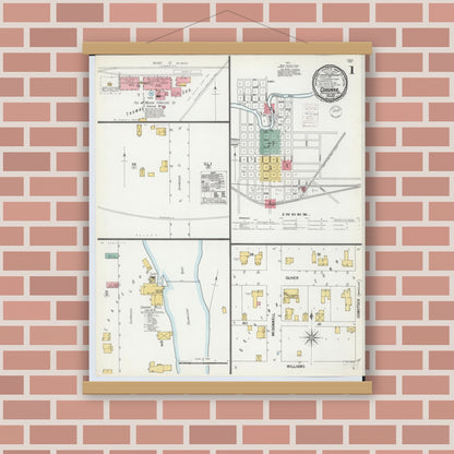 Old map wall art mockup — magnetic wood frame on brick wall — Sanborn Fire Insurance Map from Corunna, Shiawassee County, Michigan (1900), Sheet #0001