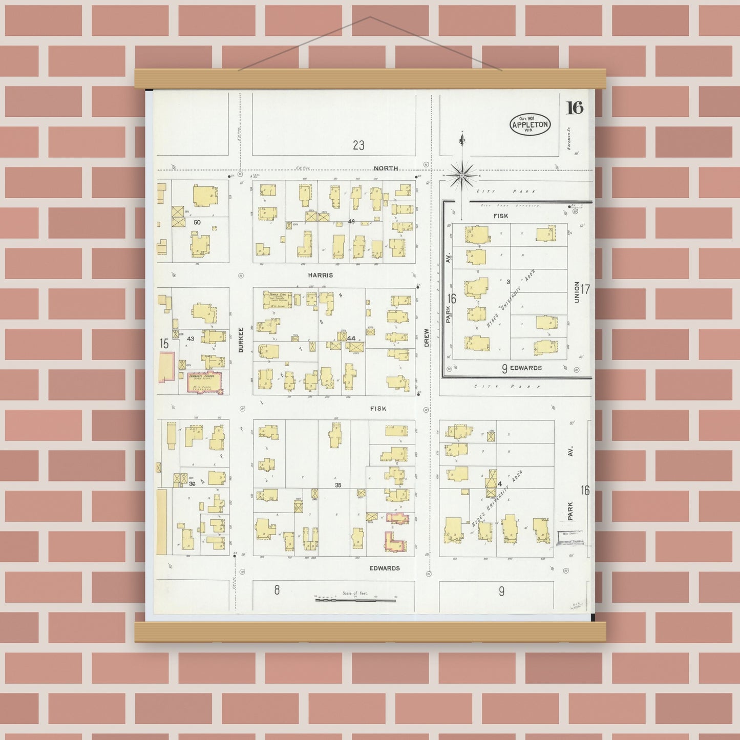 Old map wall art mockup — magnetic wood frame on brick wall — Sanborn Fire Insurance Map from Appleton, Outagamie County, Wisconsin (1901), Sheet #0016