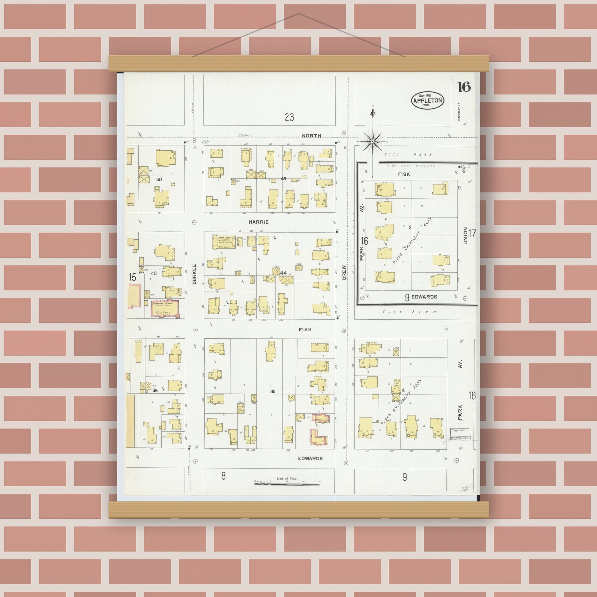 Old map wall art mockup — magnetic wood frame on brick wall — Sanborn Fire Insurance Map from Appleton, Outagamie County, Wisconsin (1901), Sheet #0016