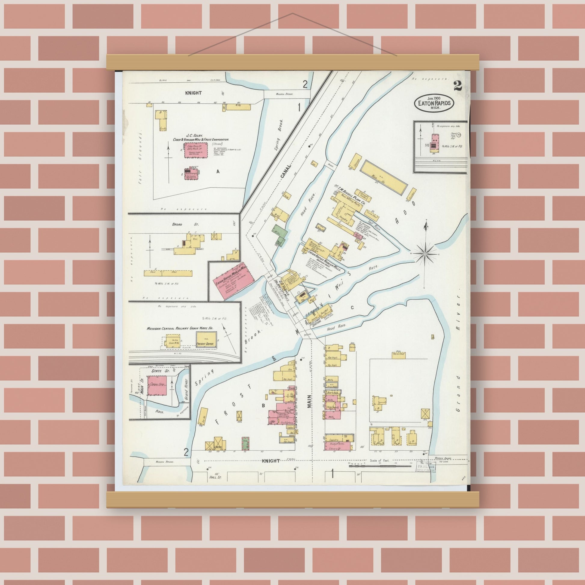Old map wall art mockup — magnetic wood frame on brick wall — Sanborn Fire Insurance Map from Eaton Rapids, Eaton County, Michigan (1900), Sheet #0002
