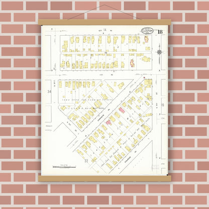 Old map wall art mockup — magnetic wood frame on brick wall — Sanborn Fire Insurance Map from Clinton, Clinton County, Iowa (1917), Sheet #0018