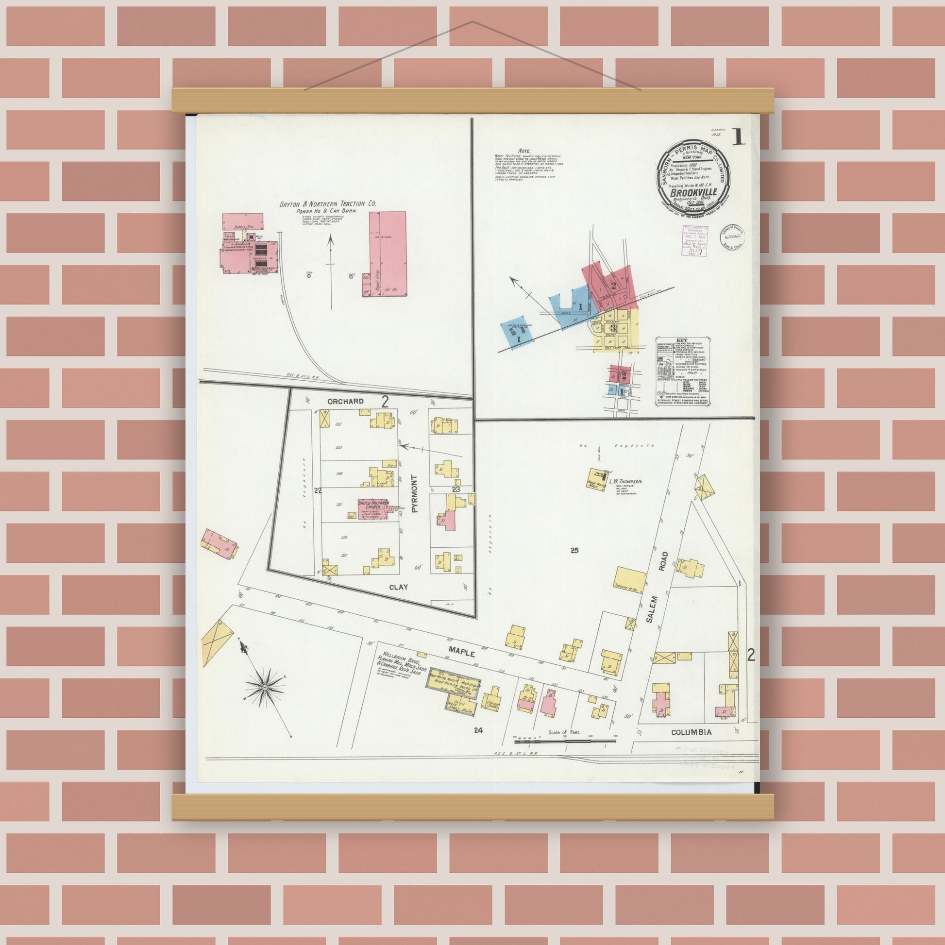 Old map wall art mockup — magnetic wood frame on brick wall — Sanborn Fire Insurance Map from Brookville, Montgomery County, Ohio (1901), Sheet #0001
