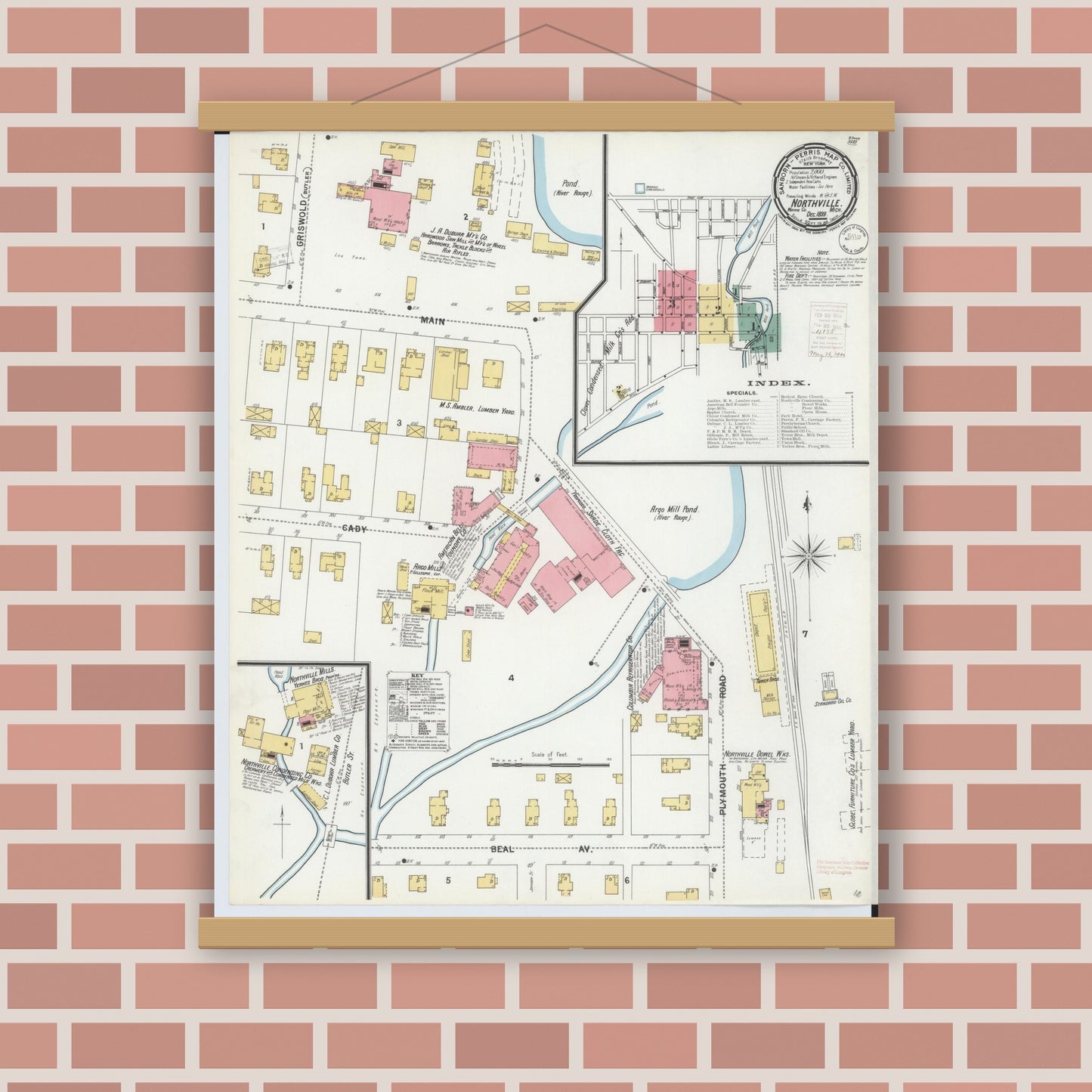 Old map wall art mockup — magnetic wood frame on brick wall — Sanborn Fire Insurance Map from Northville, Wayne County, Michigan (1899), Sheet #0001
