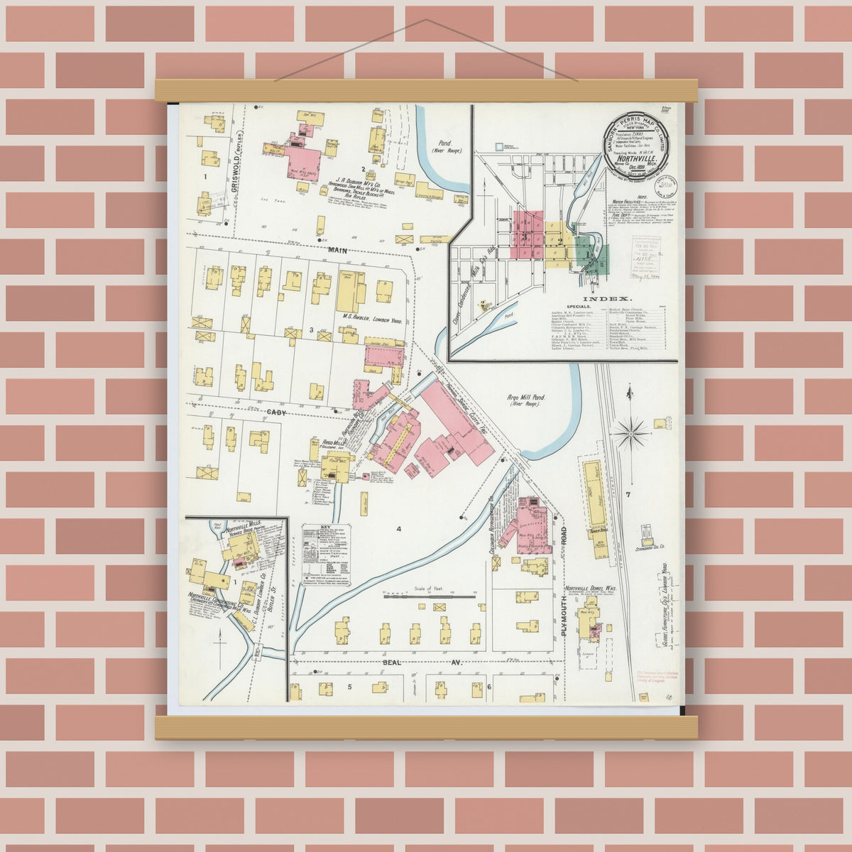 Old map wall art mockup — magnetic wood frame on brick wall — Sanborn Fire Insurance Map from Northville, Wayne County, Michigan (1899), Sheet #0001