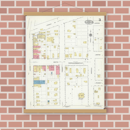 Old map wall art mockup — magnetic wood frame on brick wall — Sanborn Fire Insurance Map from Lake Benton, Lincoln County, Minnesota (1917), Sheet #0003