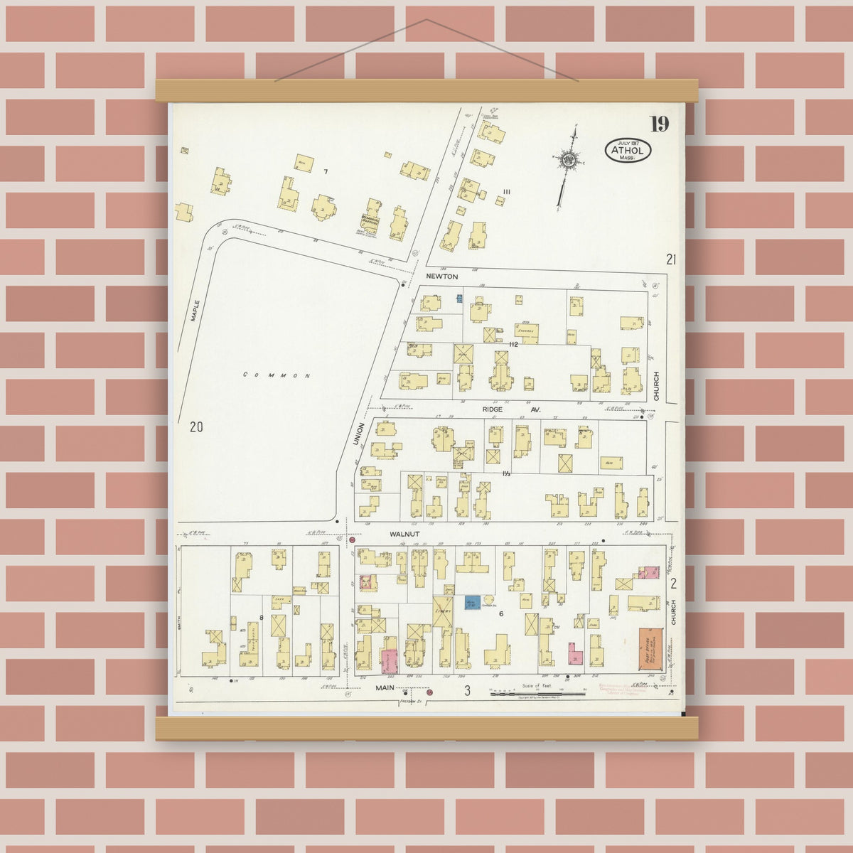 Old map wall art mockup — magnetic wood frame on brick wall — Sanborn Fire Insurance Map from Athol, Worcester County, Massachusetts (1917), Sheet #0019