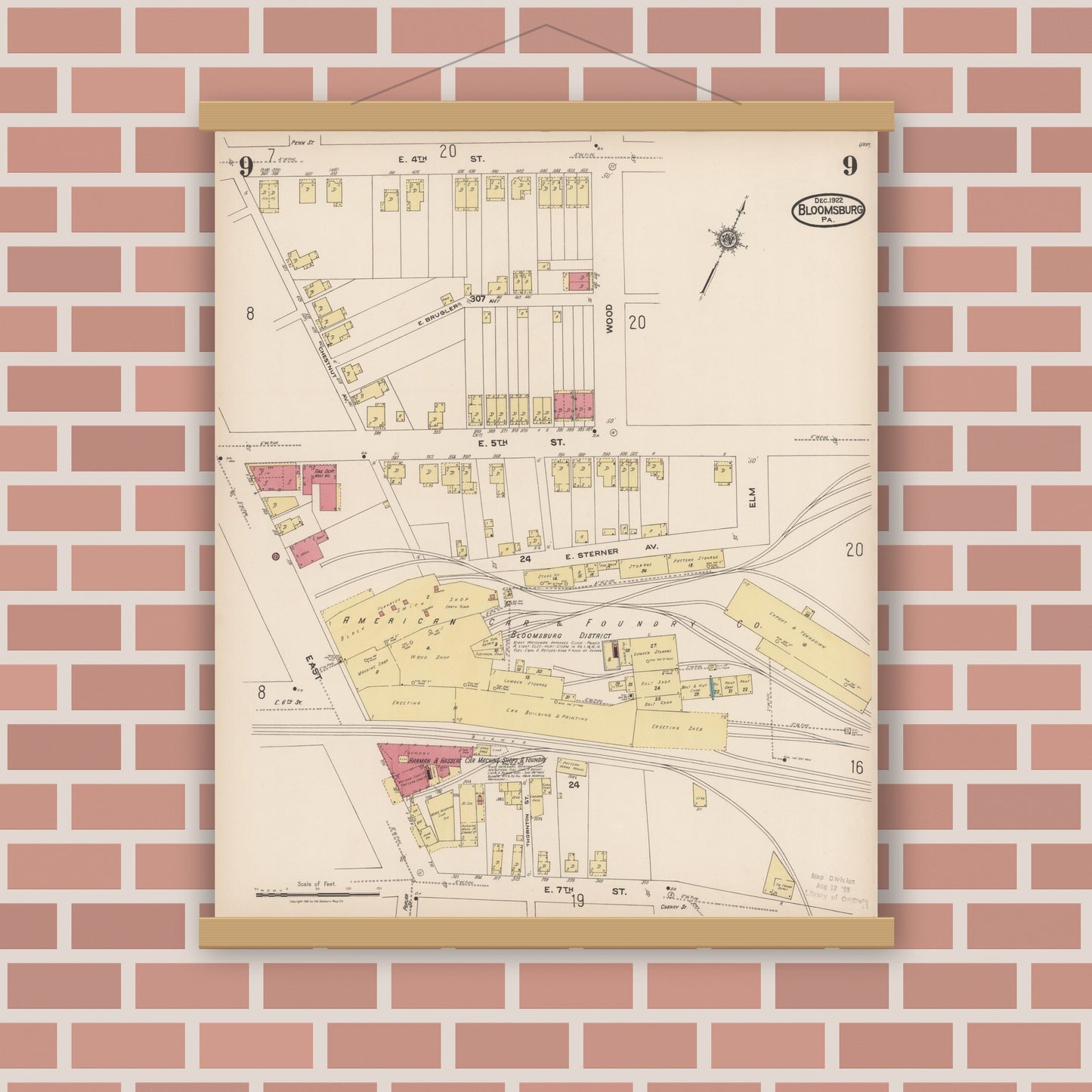 Old map wall art mockup — magnetic wood frame on brick wall — Sanborn Fire Insurance Map from Bloomsburg, Columbia County, Pennsylvania (1922), Sheet #0009