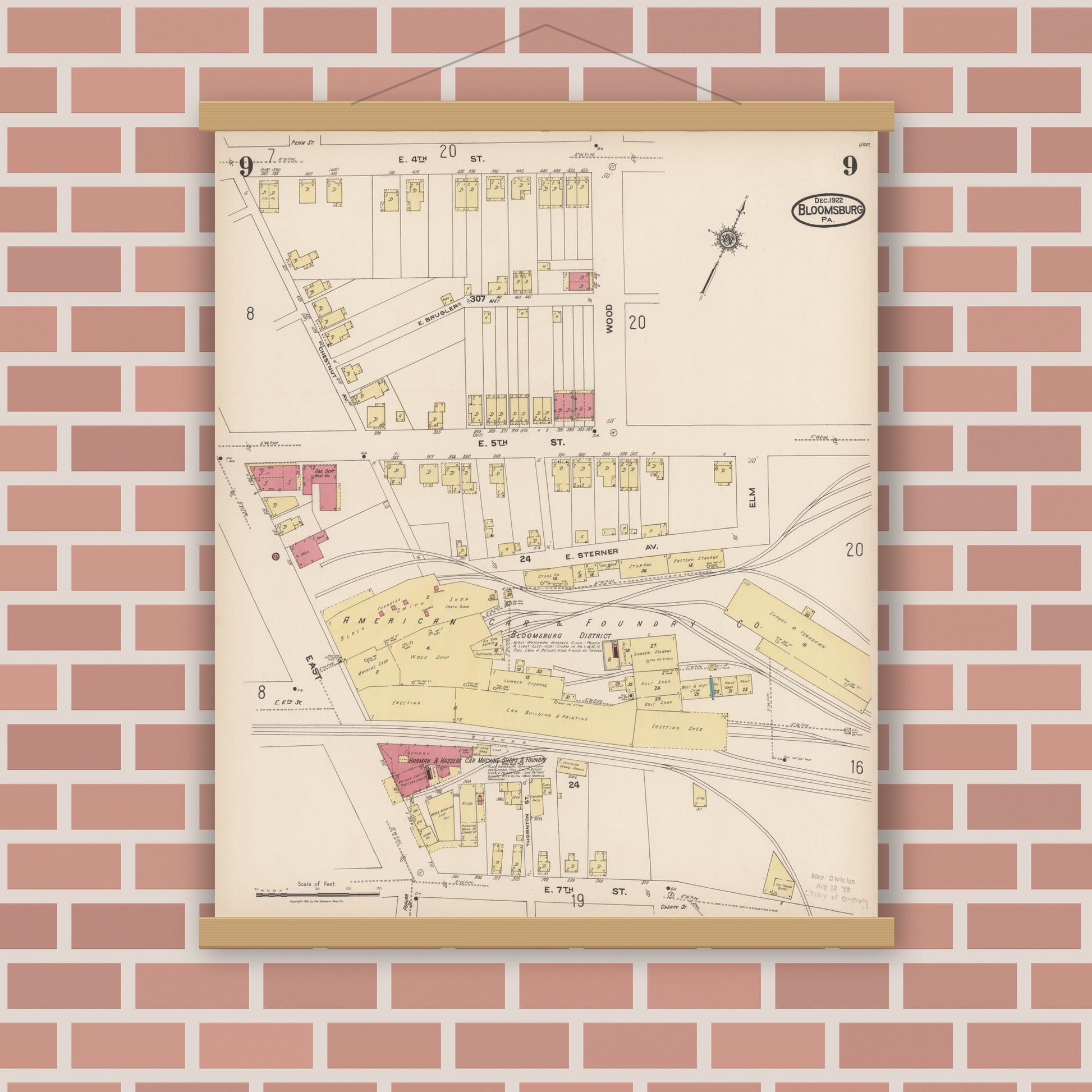 Old map wall art mockup — magnetic wood frame on brick wall — Sanborn Fire Insurance Map from Bloomsburg, Columbia County, Pennsylvania (1922), Sheet #0009