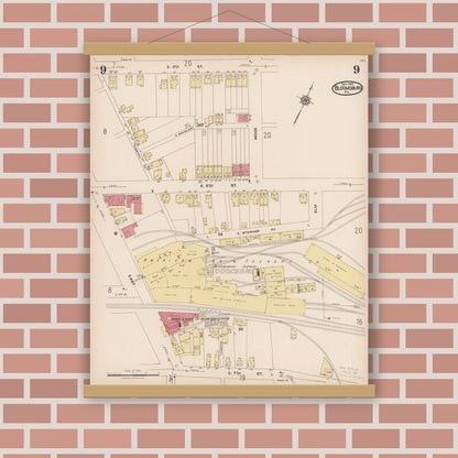 Old map wall art mockup — magnetic wood frame on brick wall — Sanborn Fire Insurance Map from Bloomsburg, Columbia County, Pennsylvania (1922), Sheet #0009