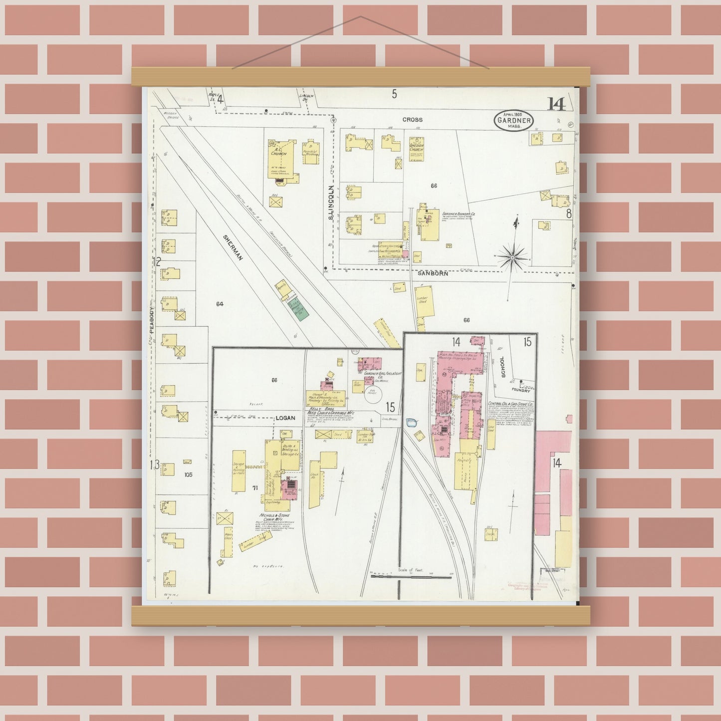 Old map wall art mockup — magnetic wood frame on brick wall — Sanborn Fire Insurance Map from Gardner, Worcester County, Massachusetts (1905), Sheet #0014