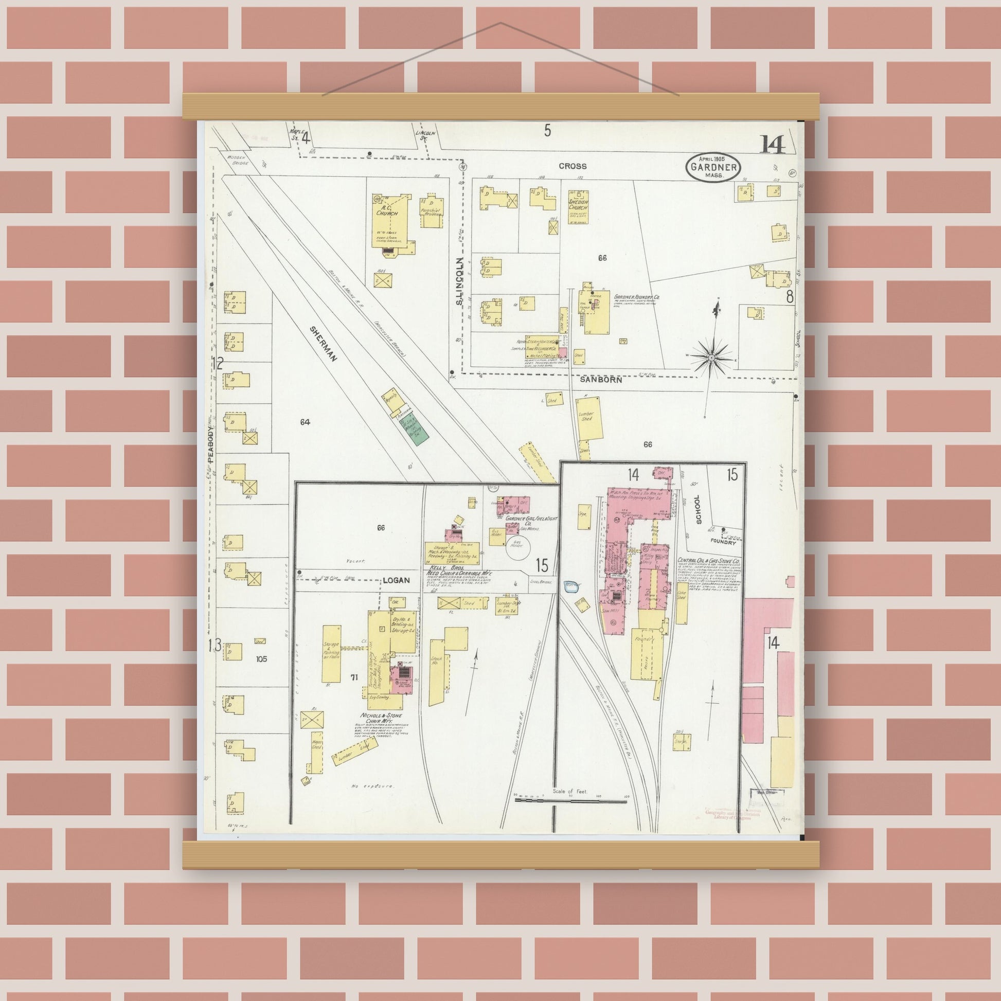 Old map wall art mockup — magnetic wood frame on brick wall — Sanborn Fire Insurance Map from Gardner, Worcester County, Massachusetts (1905), Sheet #0014