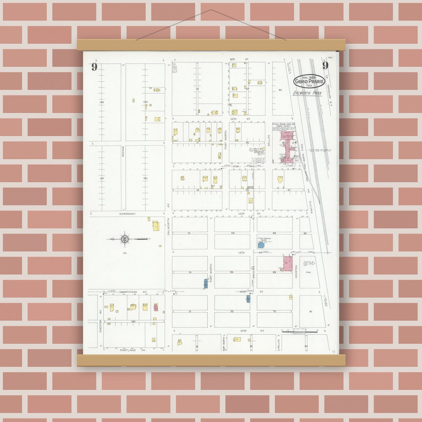 Old map wall art mockup — magnetic wood frame on brick wall — Sanborn Fire Insurance Map from Grand Prairie, Dallas County, Texas (1929), Sheet #0009