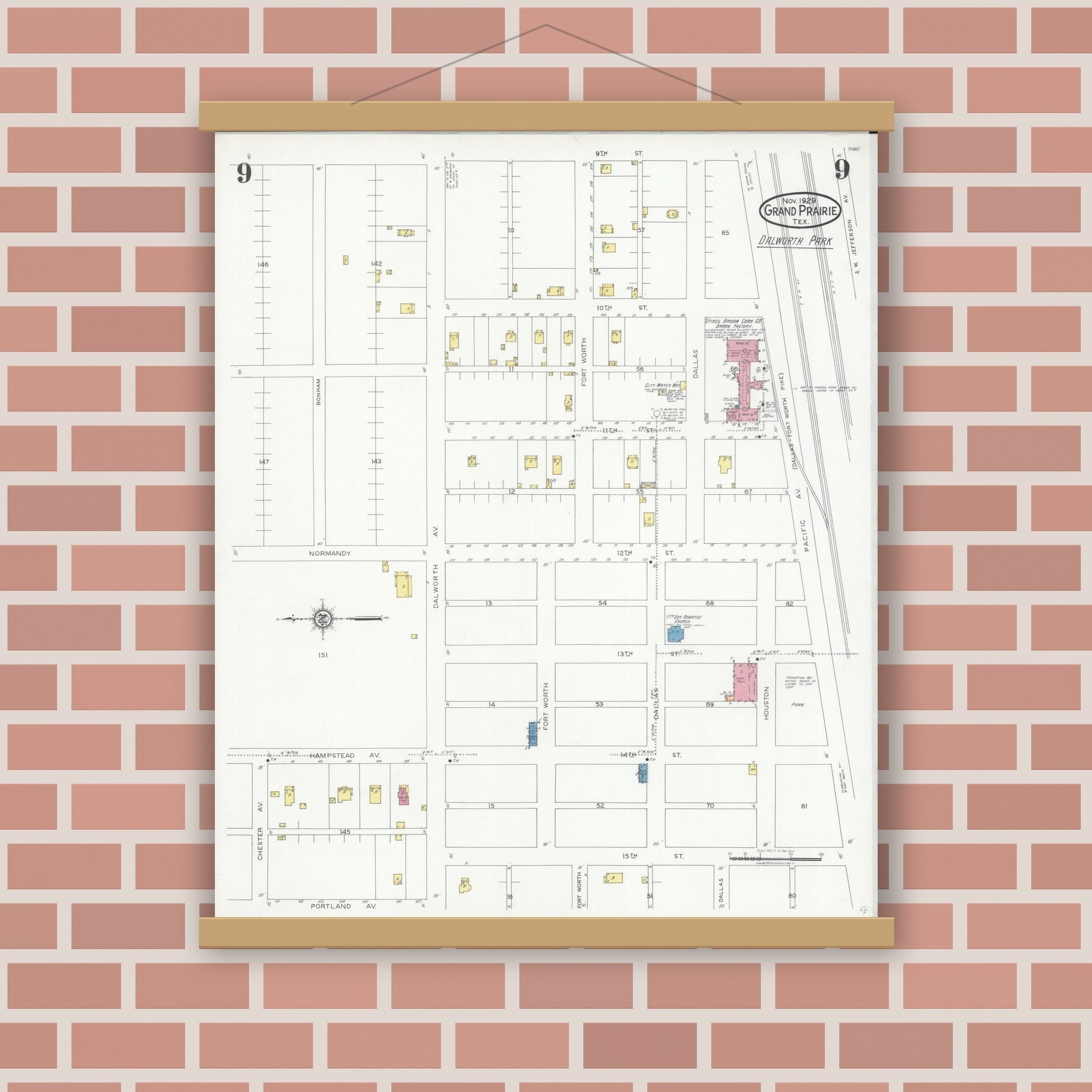Old map wall art mockup — magnetic wood frame on brick wall — Sanborn Fire Insurance Map from Grand Prairie, Dallas County, Texas (1929), Sheet #0009