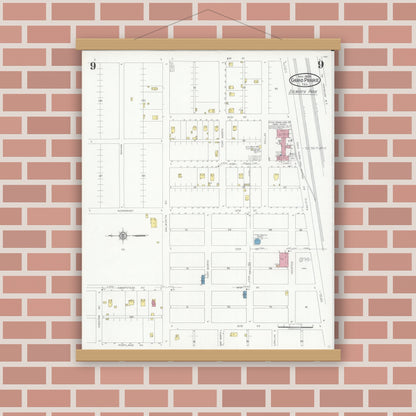 Old map wall art mockup — magnetic wood frame on brick wall — Sanborn Fire Insurance Map from Grand Prairie, Dallas County, Texas (1929), Sheet #0009