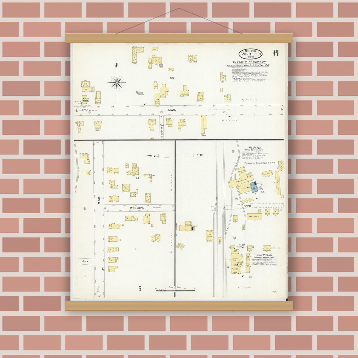 Old map wall art mockup — magnetic wood frame on brick wall — Sanborn Fire Insurance Map from Westfield, Tioga County, Pennsylvania (1907), Sheet #0006