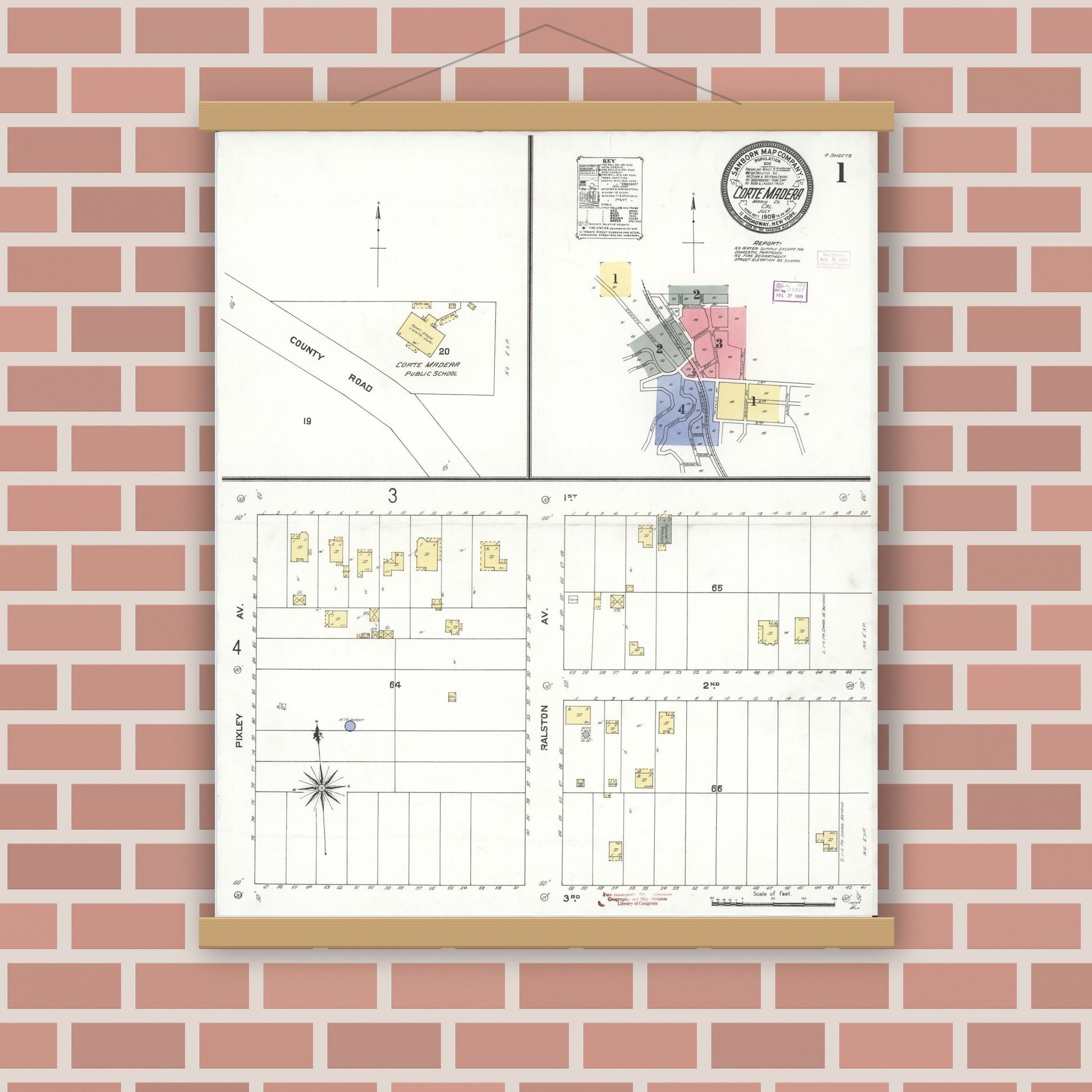 Old map wall art mockup — magnetic wood frame on brick wall — Sanborn Fire Insurance Map from Corte Madera, Marin County, California (1909) - Complete Map Set