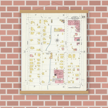 Old map wall art mockup — magnetic wood frame on brick wall — Sanborn Fire Insurance Map from Winston-Salem, Forsyth County, North Carolina (1907), Sheet #0024