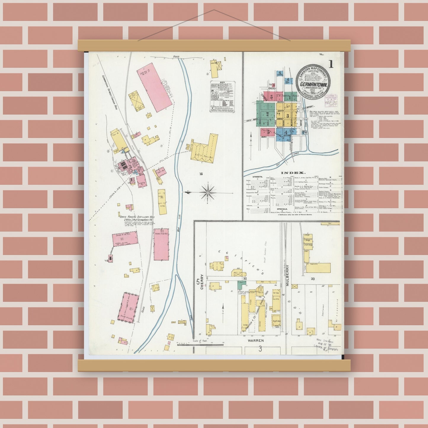 Old map wall art mockup — magnetic wood frame on brick wall — Sanborn Fire Insurance Map from Germantown, Montgomery County, Ohio (1905), Sheet #0001