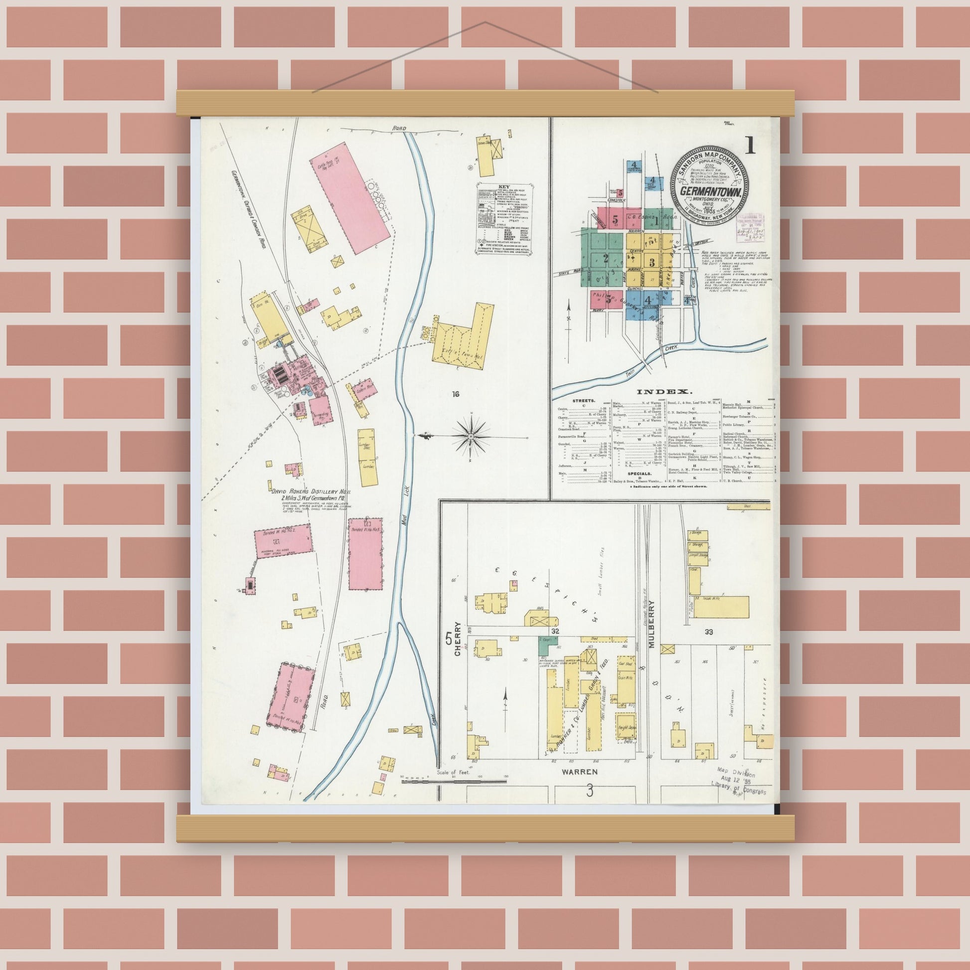 Old map wall art mockup — magnetic wood frame on brick wall — Sanborn Fire Insurance Map from Germantown, Montgomery County, Ohio (1905), Sheet #0001