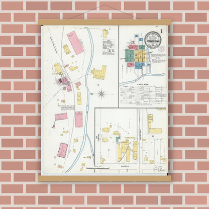 Old map wall art mockup — magnetic wood frame on brick wall — Sanborn Fire Insurance Map from Germantown, Montgomery County, Ohio (1905), Sheet #0001