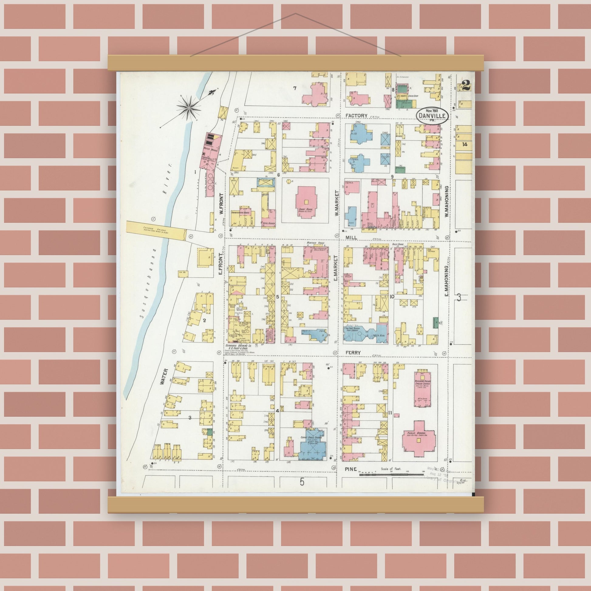 Old map wall art mockup — magnetic wood frame on brick wall — Sanborn Fire Insurance Map from Danville, Montour County, Pennsylvania (1901), Sheet #0002