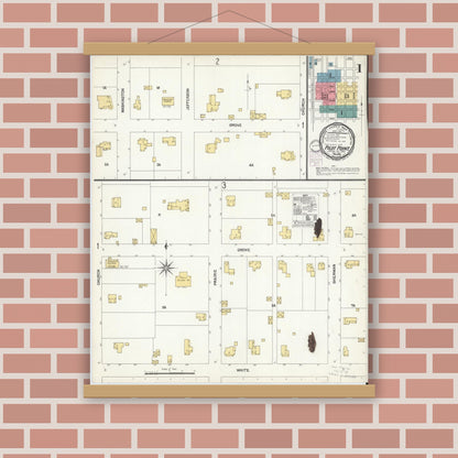 Old map wall art mockup — magnetic wood frame on brick wall — Sanborn Fire Insurance Map from Pilot Point, Denton County, Texas (1901), Sheet #0001