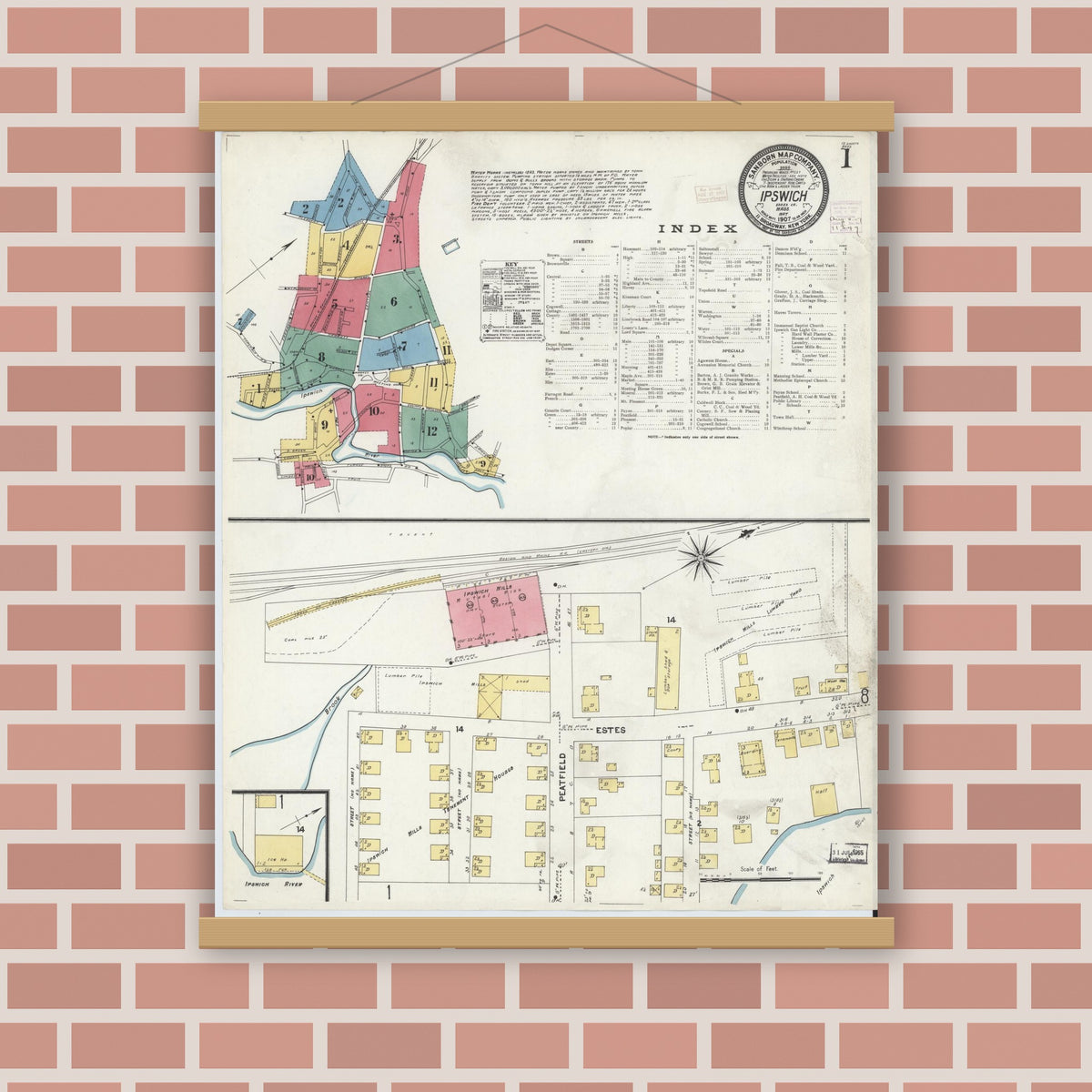 Old map wall art mockup — magnetic wood frame on brick wall — Sanborn Fire Insurance Map from Ipswich, Essex County, Massachusetts (1907) - Complete Map Set