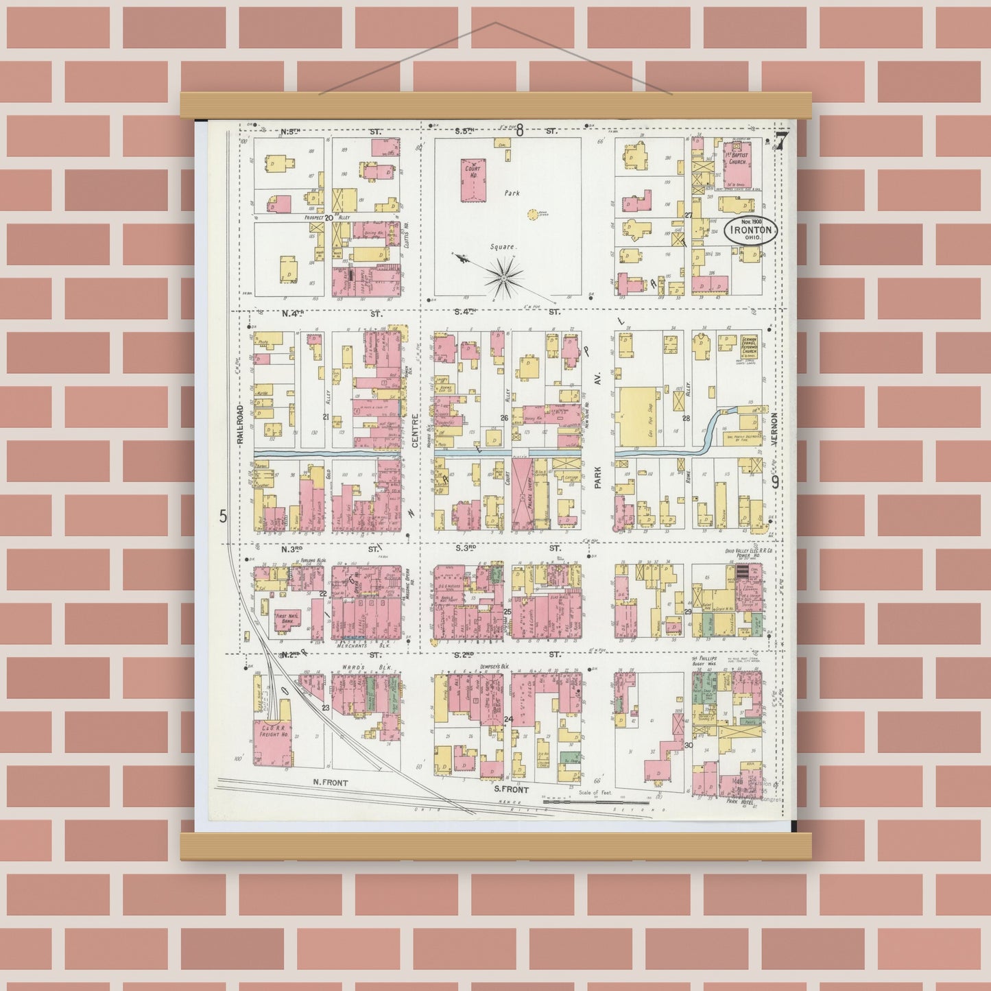 Old map wall art mockup — magnetic wood frame on brick wall — Sanborn Fire Insurance Map from Ironton, Lawrence County, Ohio (1900), Sheet #0007
