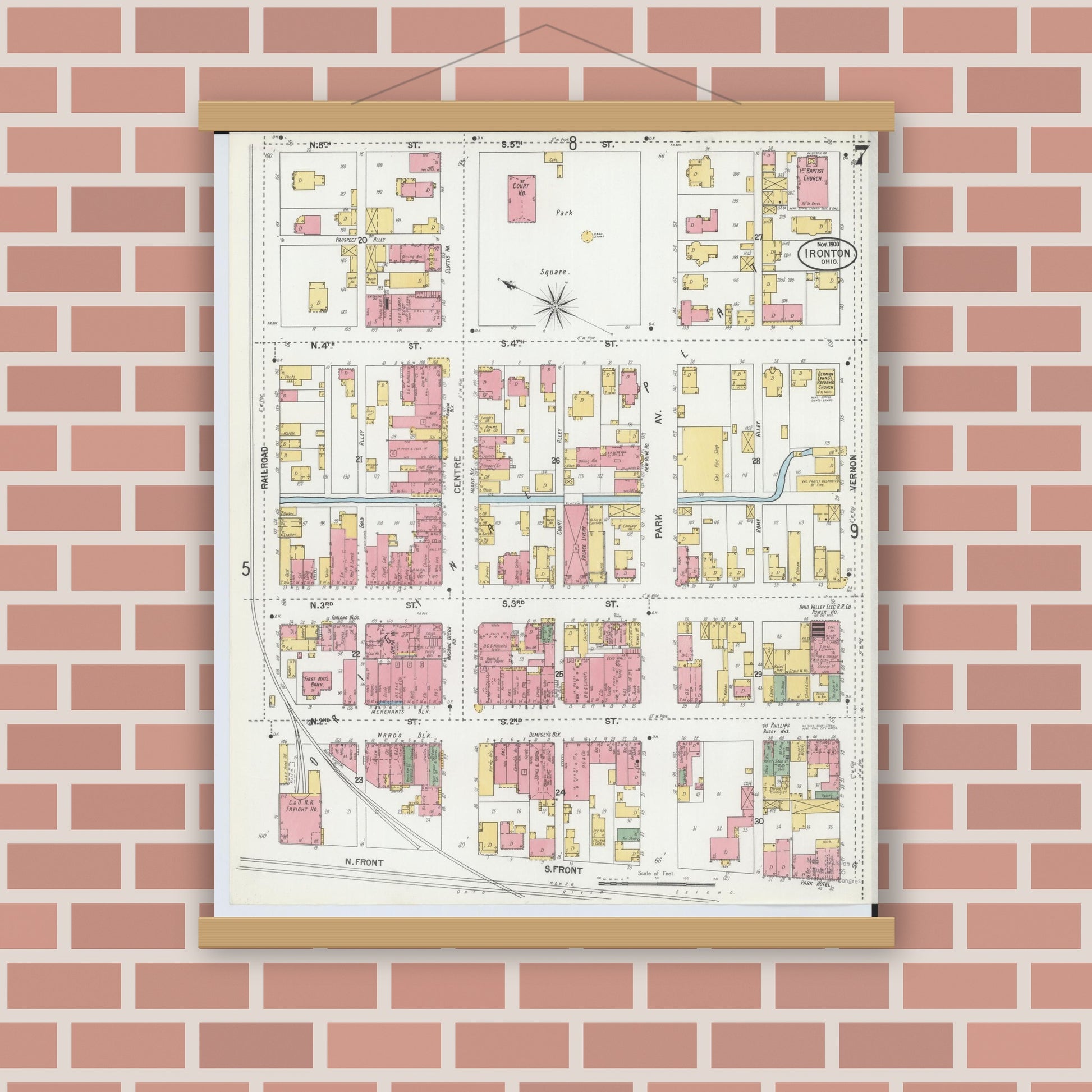 Old map wall art mockup — magnetic wood frame on brick wall — Sanborn Fire Insurance Map from Ironton, Lawrence County, Ohio (1900), Sheet #0007