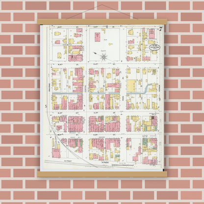 Old map wall art mockup — magnetic wood frame on brick wall — Sanborn Fire Insurance Map from Ironton, Lawrence County, Ohio (1900), Sheet #0007