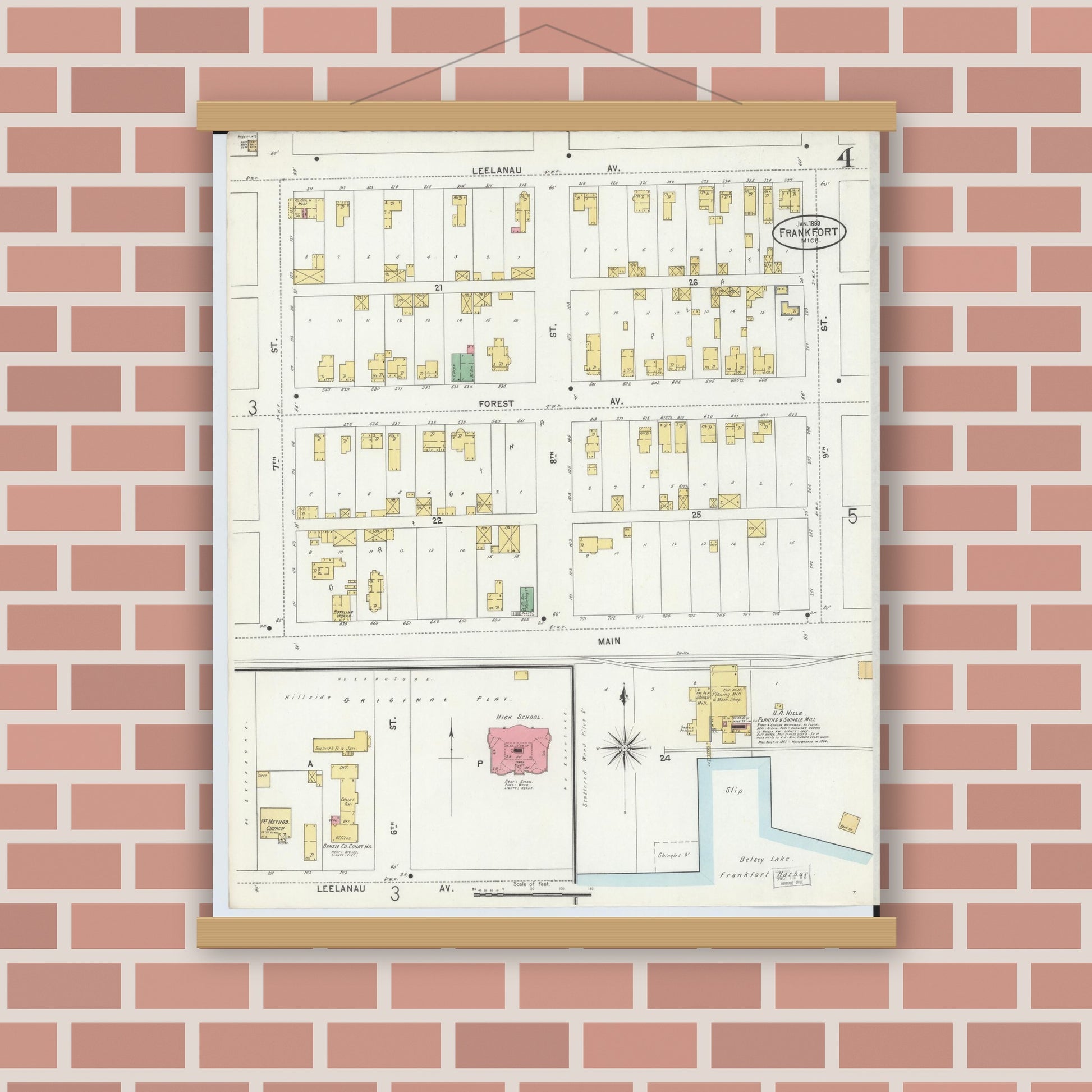 Old map wall art mockup — magnetic wood frame on brick wall — Sanborn Fire Insurance Map from Frankfort, Benzie County, Michigan (1899), Sheet #0004