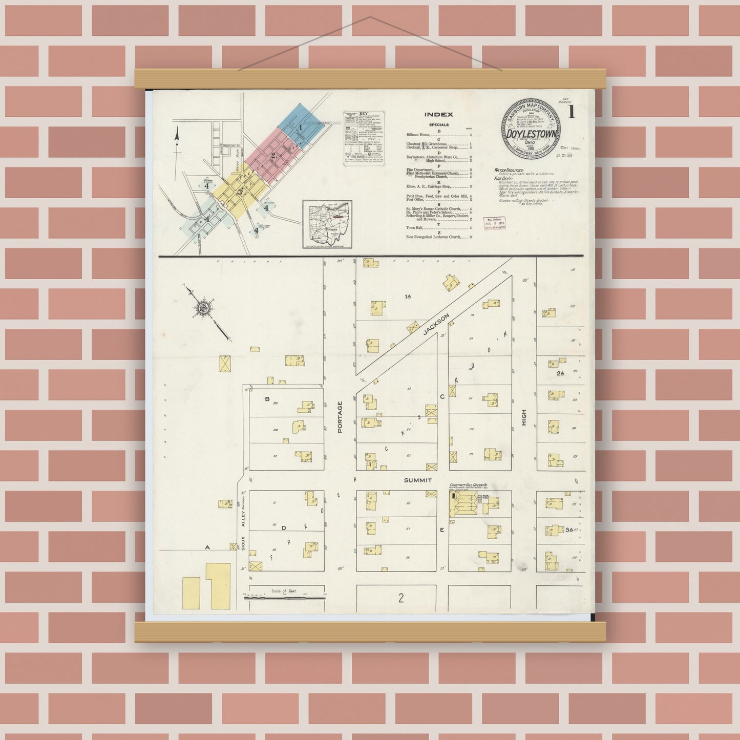 Old map wall art mockup — magnetic wood frame on brick wall — Sanborn Fire Insurance Map from Doylestown, Wayne County, Ohio (1915), Sheet #0001