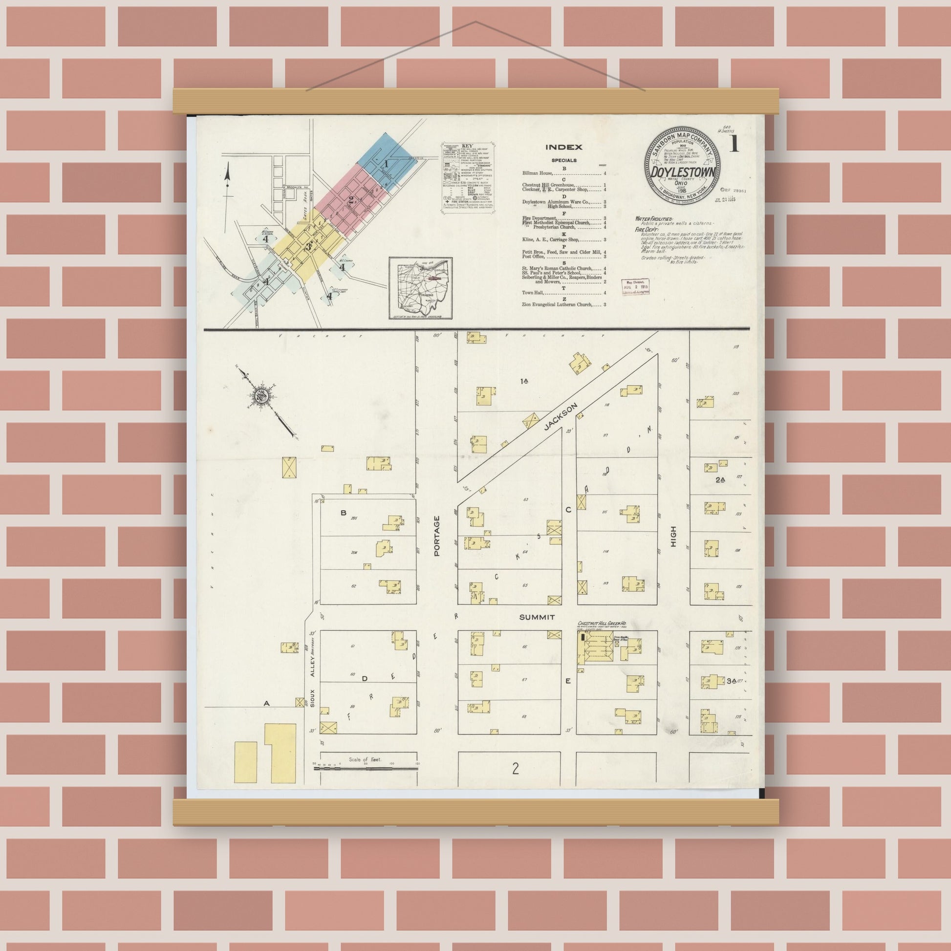 Old map wall art mockup — magnetic wood frame on brick wall — Sanborn Fire Insurance Map from Doylestown, Wayne County, Ohio (1915), Sheet #0001