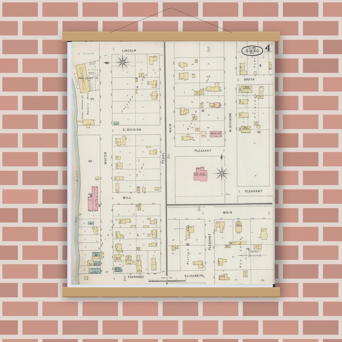 Old map wall art mockup — magnetic wood frame on brick wall — Sanborn Fire Insurance Map from Omro, Winnebago County, Wisconsin (1895), Sheet #0004