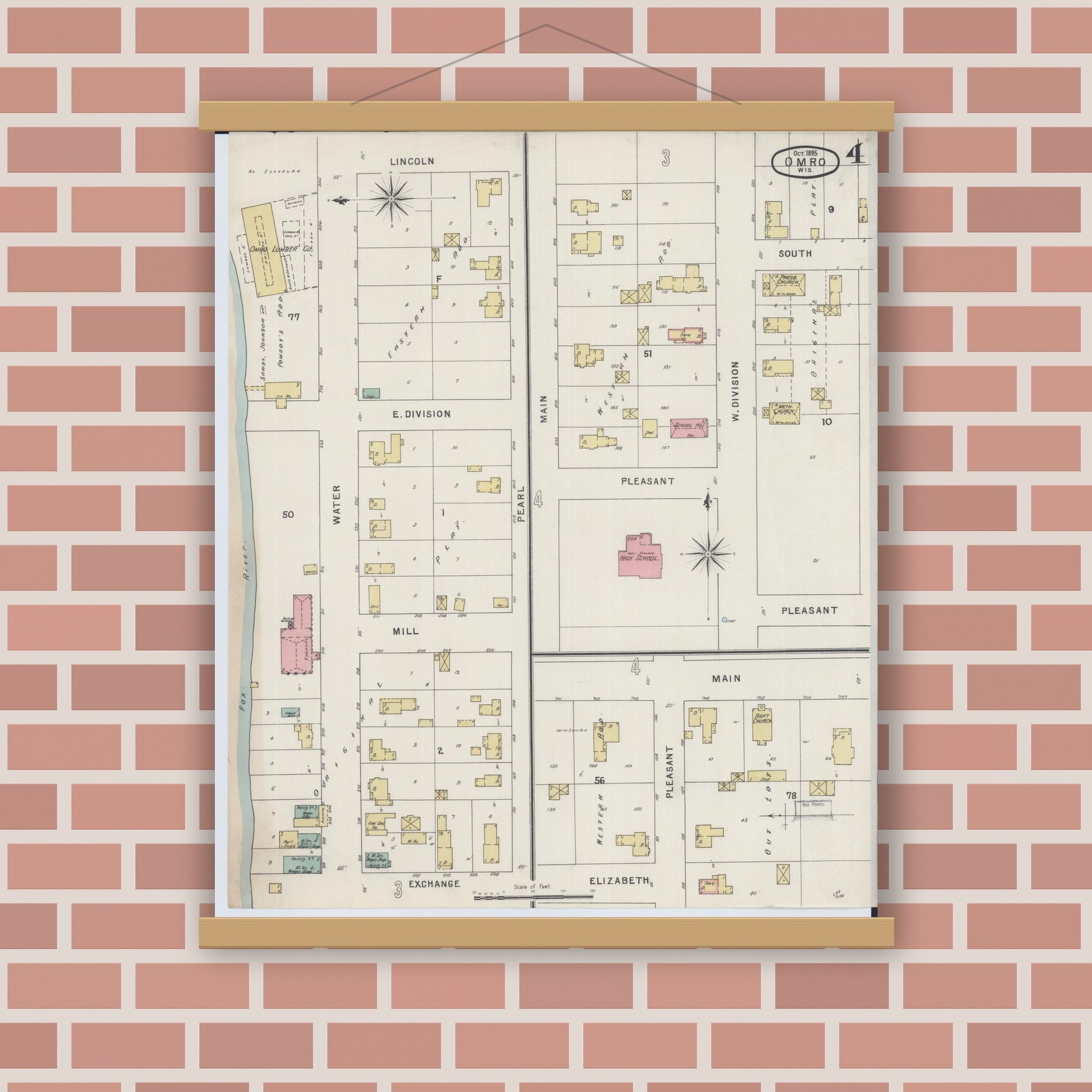 Old map wall art mockup — magnetic wood frame on brick wall — Sanborn Fire Insurance Map from Omro, Winnebago County, Wisconsin (1895), Sheet #0004