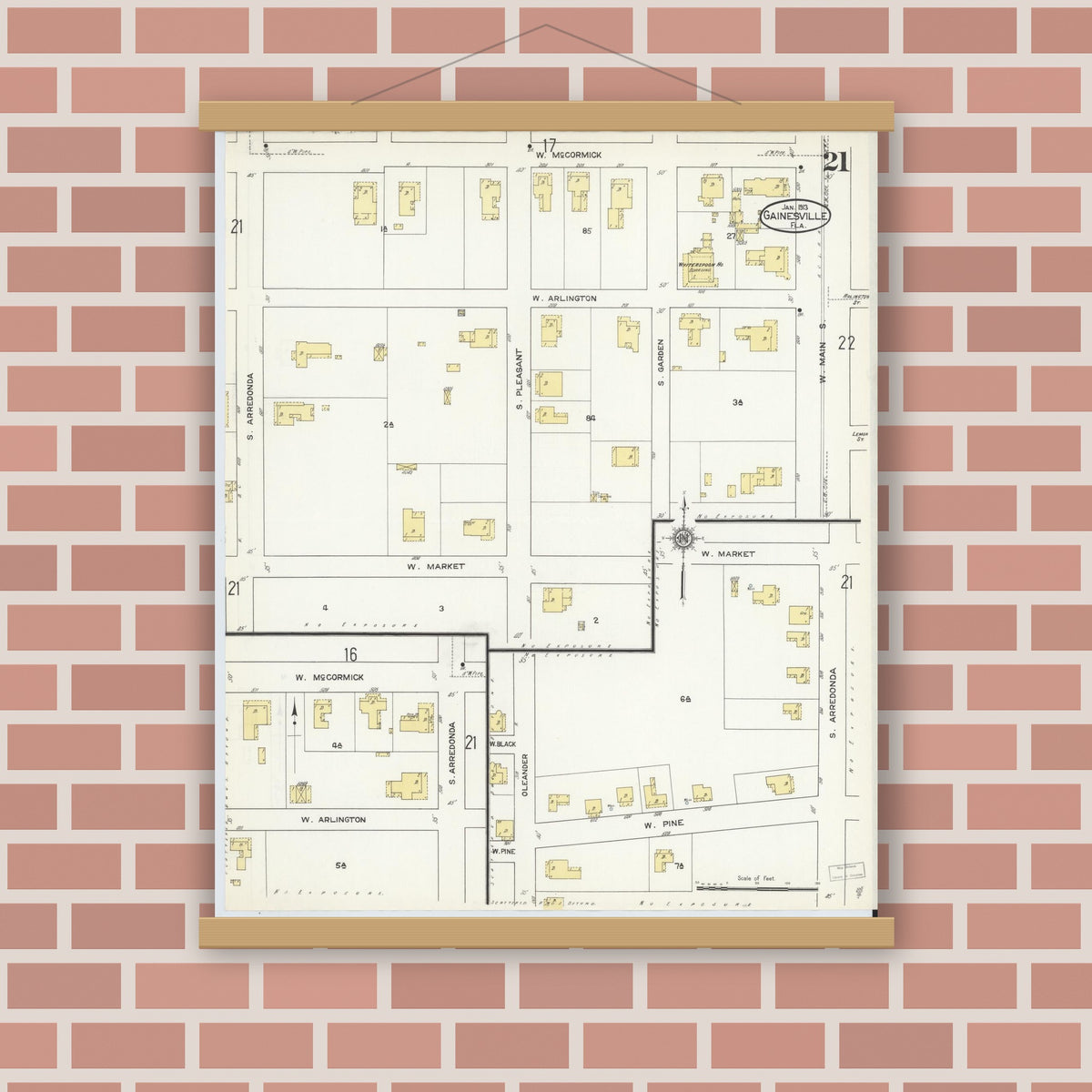 Old map wall art mockup — magnetic wood frame on brick wall — Sanborn Fire Insurance Map from Gainesville, Alachua County, Florida (1913), Sheet #0021