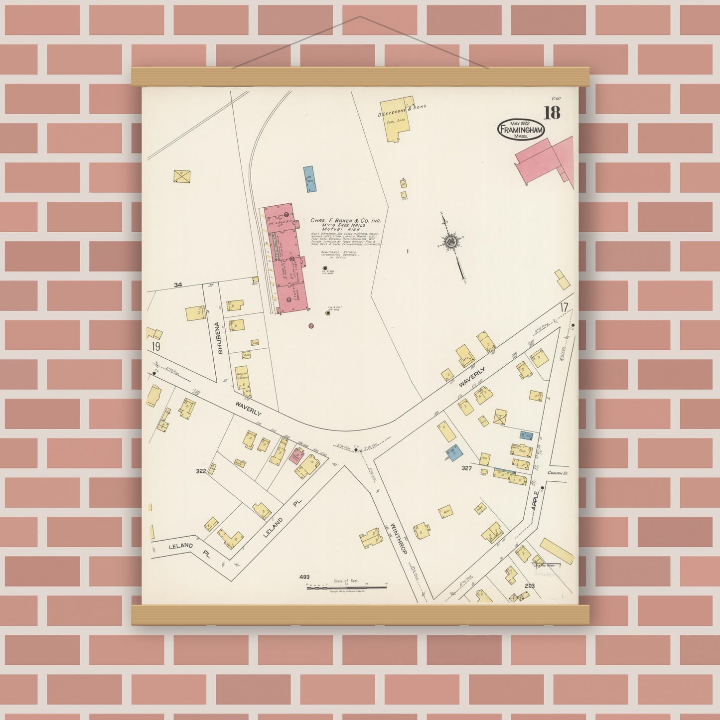 Old map wall art mockup — magnetic wood frame on brick wall — Sanborn Fire Insurance Map from Framingham, Middlesex County, Massachusetts (1922), Sheet #0018