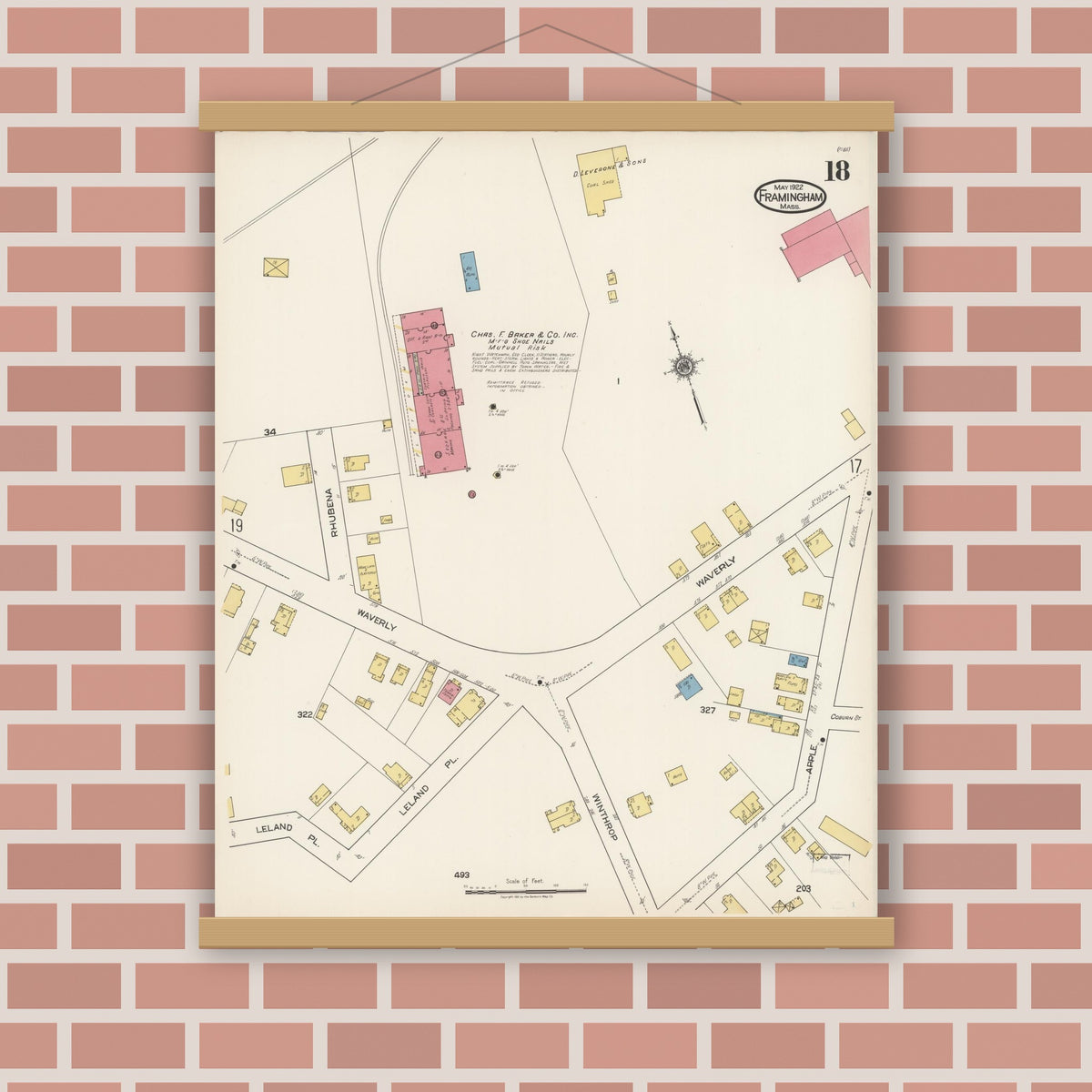 Old map wall art mockup — magnetic wood frame on brick wall — Sanborn Fire Insurance Map from Framingham, Middlesex County, Massachusetts (1922), Sheet #0018