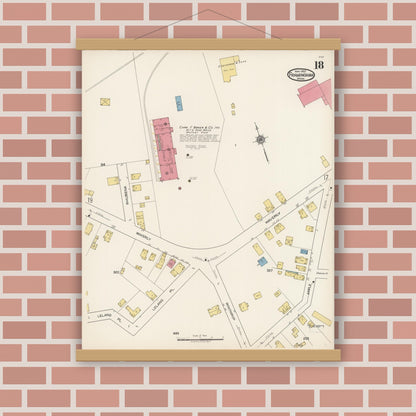 Old map wall art mockup — magnetic wood frame on brick wall — Sanborn Fire Insurance Map from Framingham, Middlesex County, Massachusetts (1922), Sheet #0018